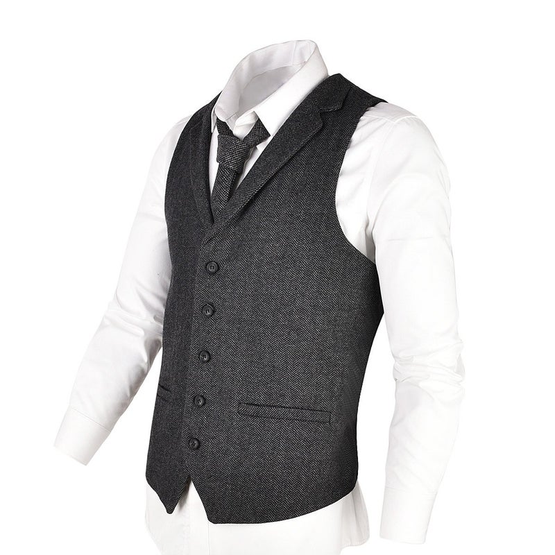 VOBOOM Mens Herringbone Tailored Collar Waistcoat Fullback Wool Tweed Suit Vest (Dark Grey, 3X-Large) - Image 2